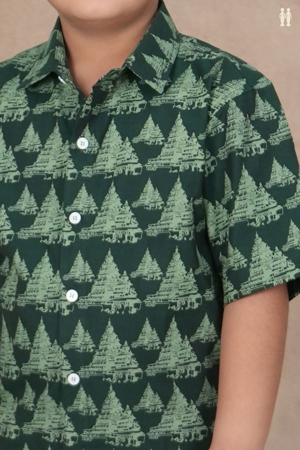 Regular Collar Temple Design Forest Green Cotton Shirt