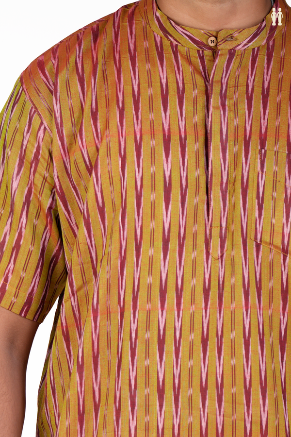 Chinese Collar Printed Design Dual Tone Ikat Cotton Short Kurta