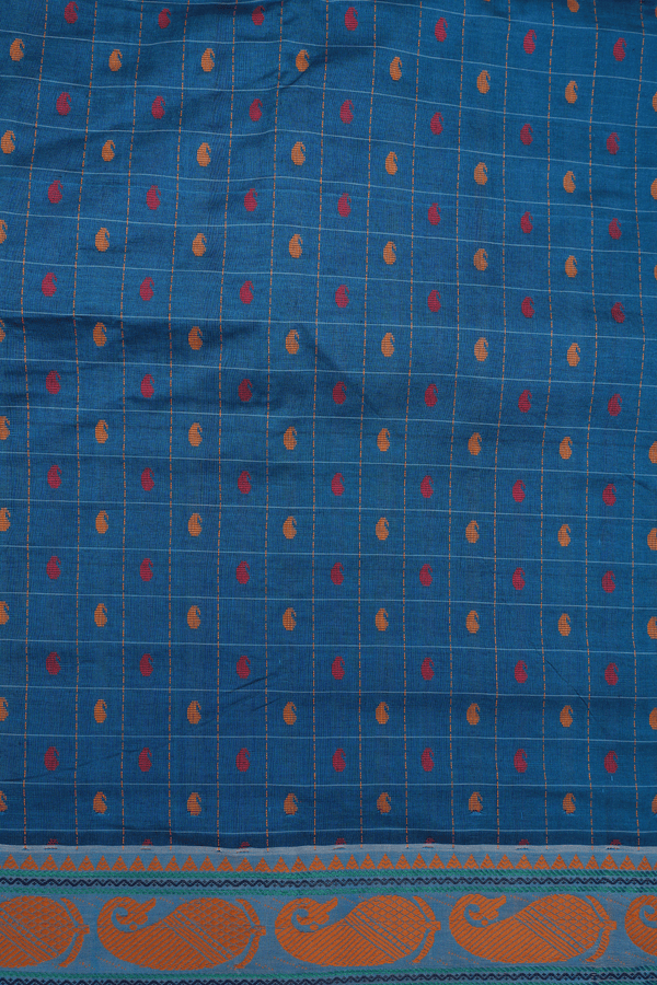 Checks With Buttas Teal Blue Poly Cotton Saree