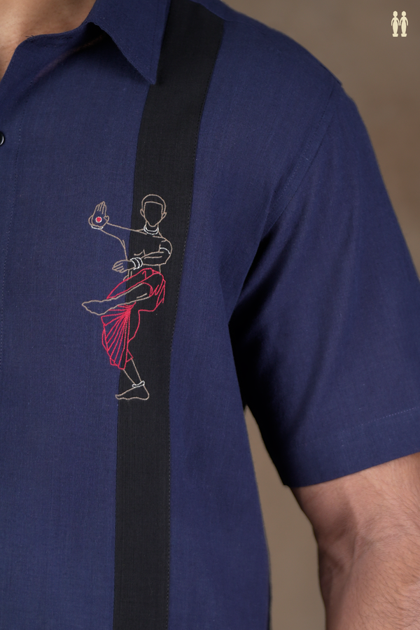 Regular Collar Embroidered Design Oxford Blue Cotton Shirt