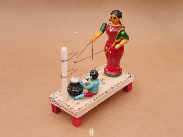 Wooden Handicraft Buttermilk Making Lady With Krishna