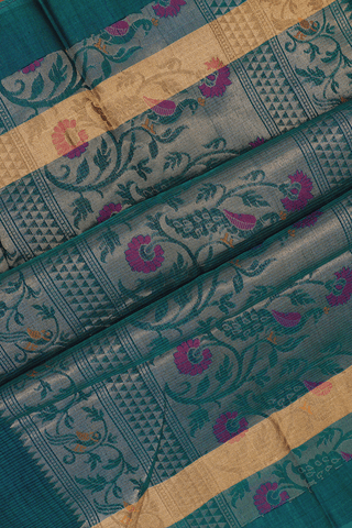 Peacock And Floral Motifs Steel Grey Kora Silk Cotton Saree