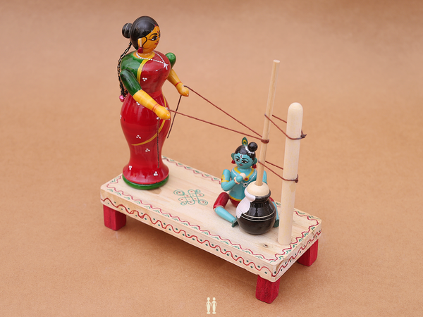 Wooden Handicraft Buttermilk Making Lady With Krishna