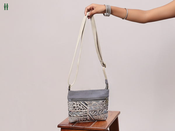 Kalamkari Printed Design Grey Cotton Sling Bag