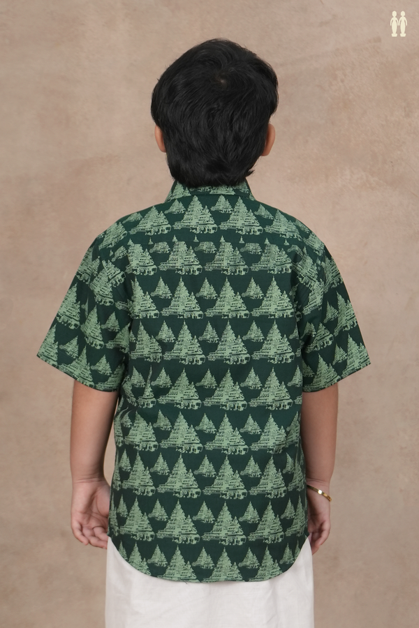 Regular Collar Temple Design Forest Green Cotton Shirt