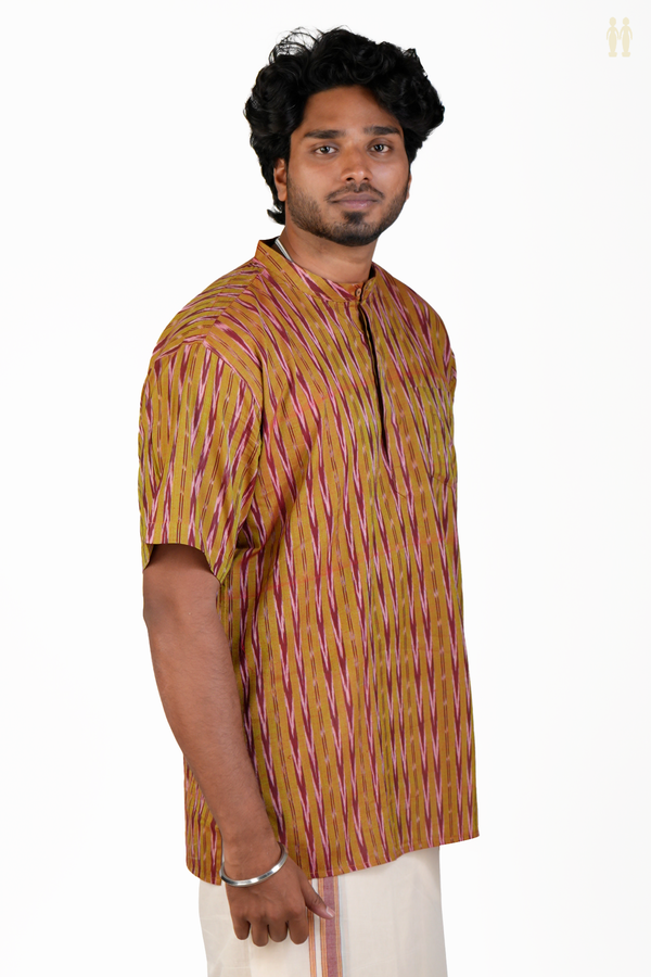 Chinese Collar Printed Design Dual Tone Ikat Cotton Short Kurta
