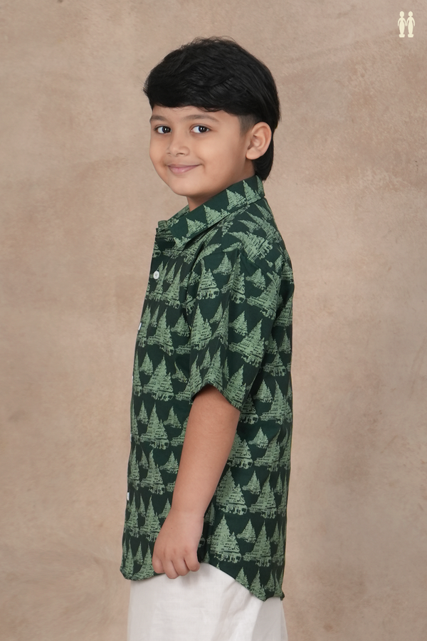 Regular Collar Temple Design Forest Green Cotton Shirt