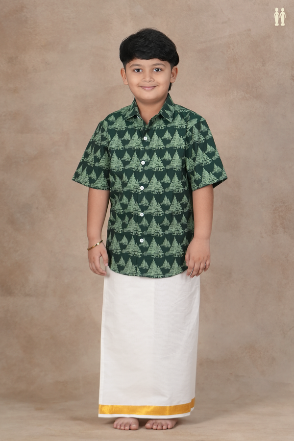 Regular Collar Temple Design Forest Green Cotton Shirt