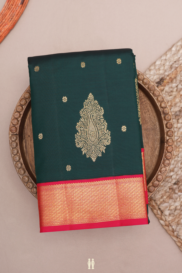 Kanchipuram Silk Saree In Forest Green With Floral Buttas