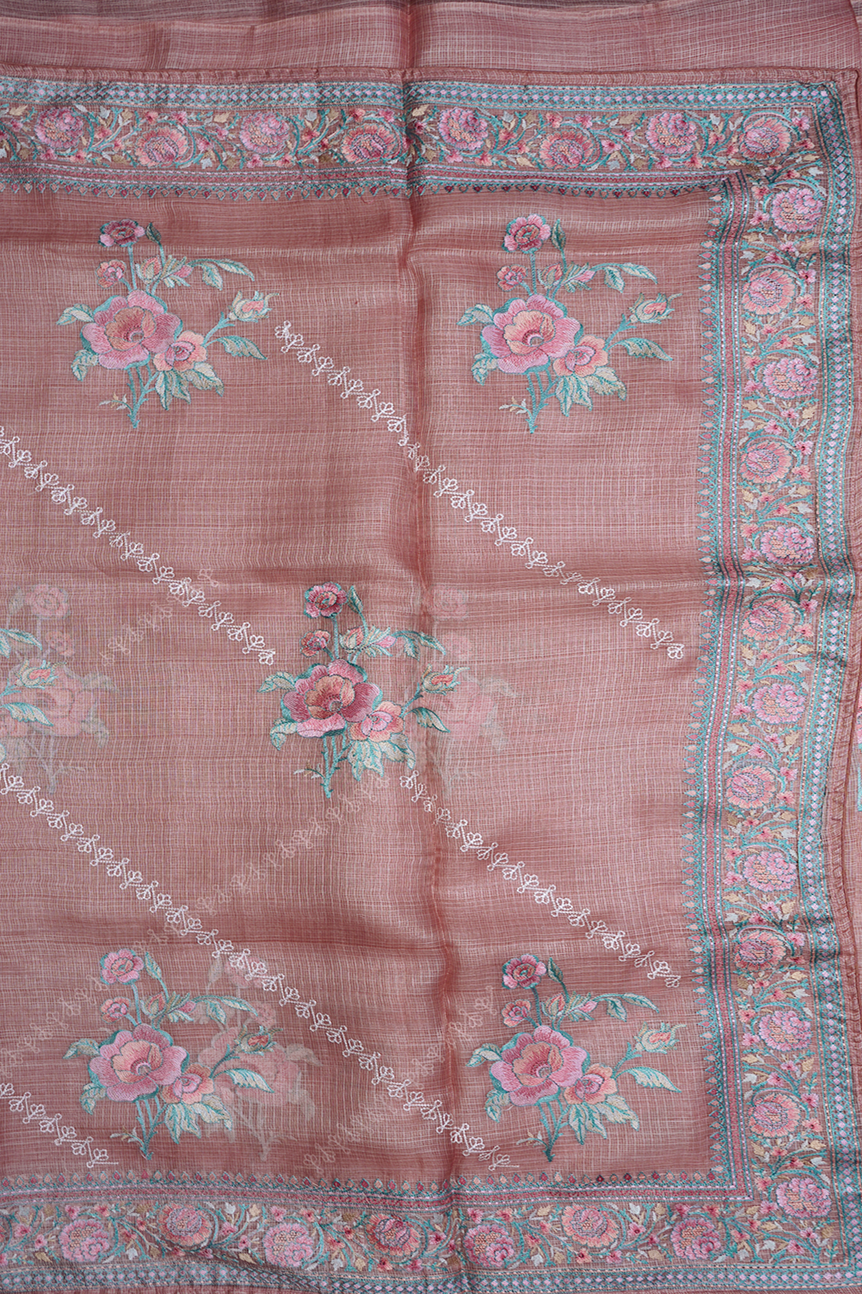 Floral Embroidered Design Pastel Dusty Red Kota Silk Saree