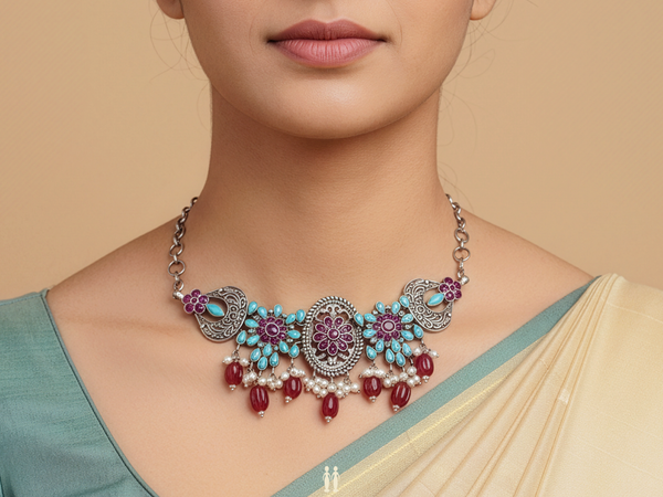 Pink And Turquoise Stone Oxidized Pure Silver Choker