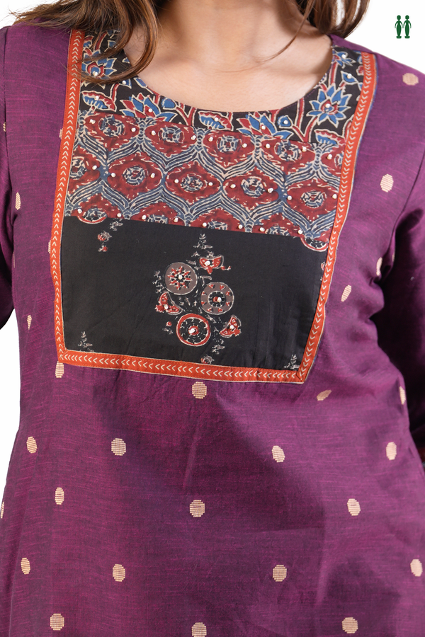 Round Neck Allover Buttas Purple Cotton Long Kurta