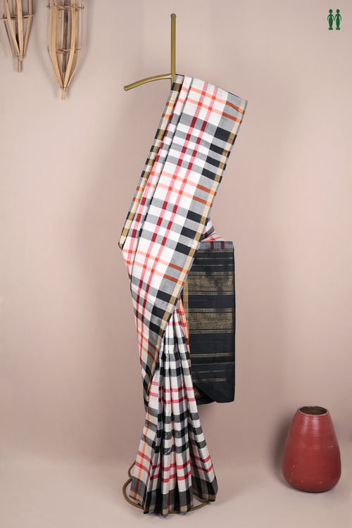 Kanchipuram Silk Saree In Black And White With Checks Design