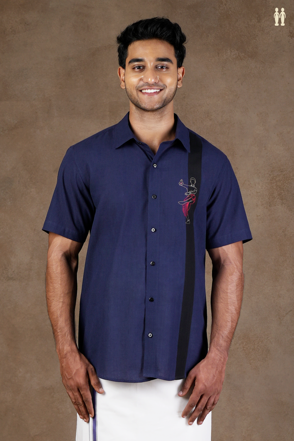 Regular Collar Embroidered Design Oxford Blue Cotton Shirt