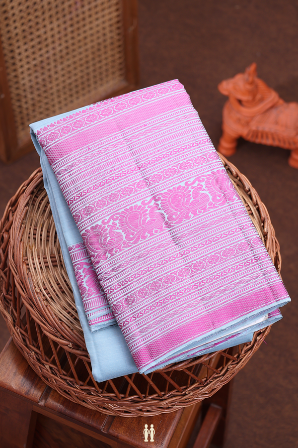 Kanchipuram Silk Saree In Steel Blue With Peacock Motifs