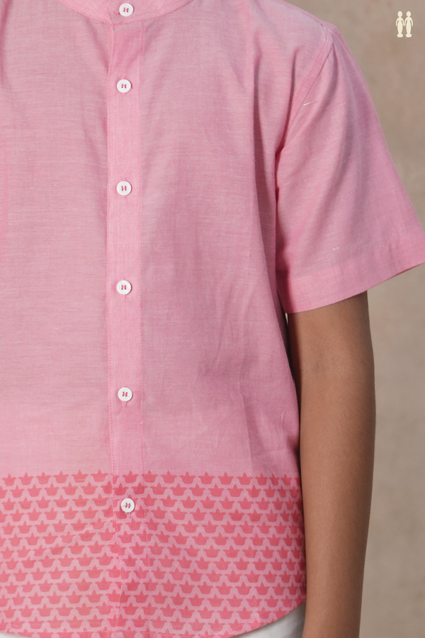 Chinese Collar Printed Deepam Border Pink Cotton Shirt