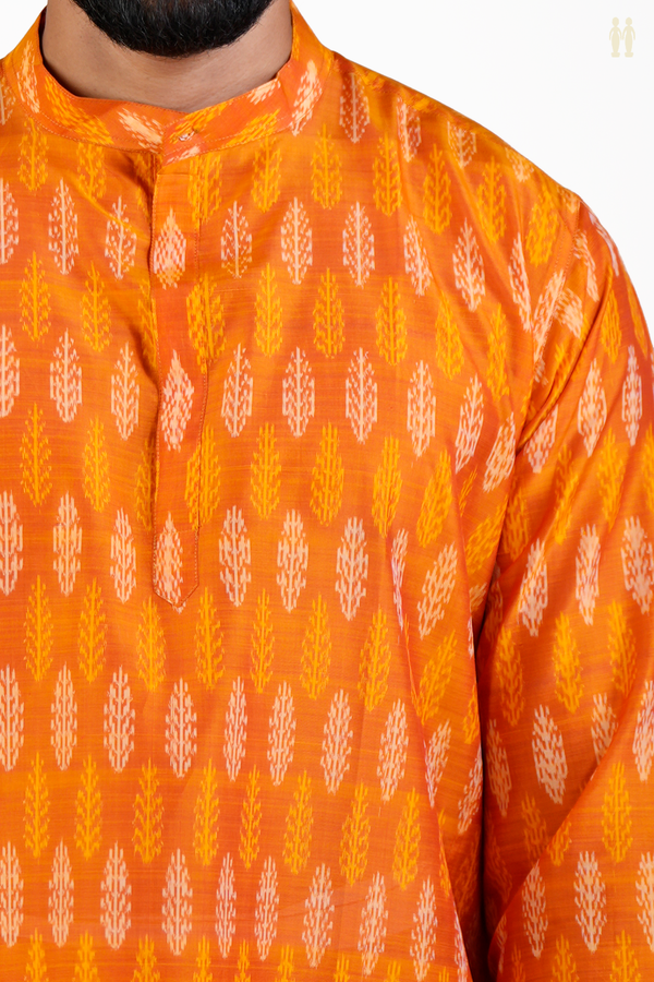 Chinese Collar Printed Design Orange Silk Cotton Short Kurta