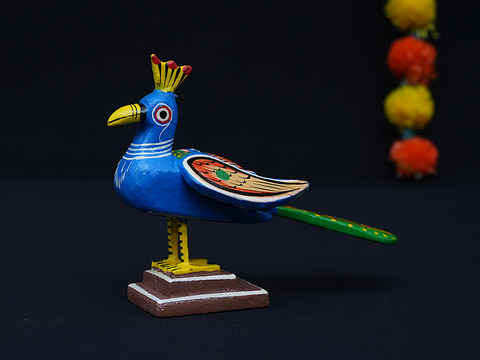 Set Of 2 Wooden Hand Painted Peacock Idol For Showpiece