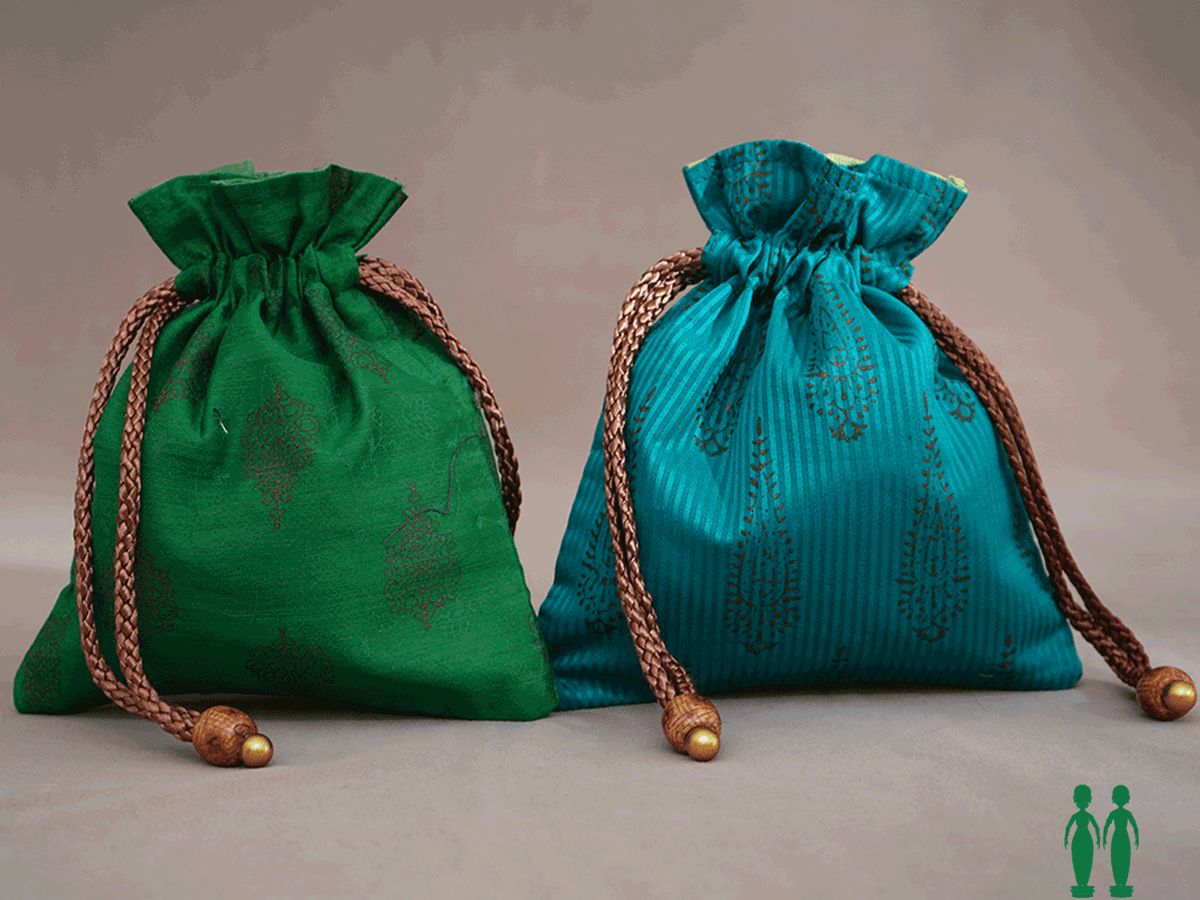 Assorted Set Of 2 Green And Blue Cotton Potli Bags