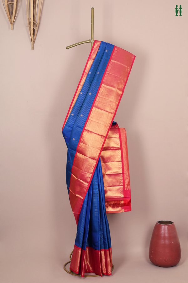 Kanchipuram Silk Saree In Cobalt Blue Stripes Along With Buttas