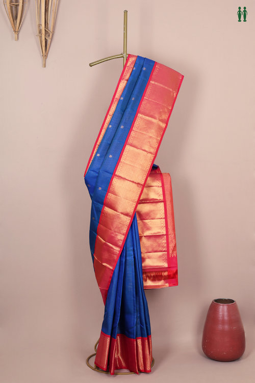 Kanchipuram Silk Saree In Cobalt Blue Stripes Along With Buttas