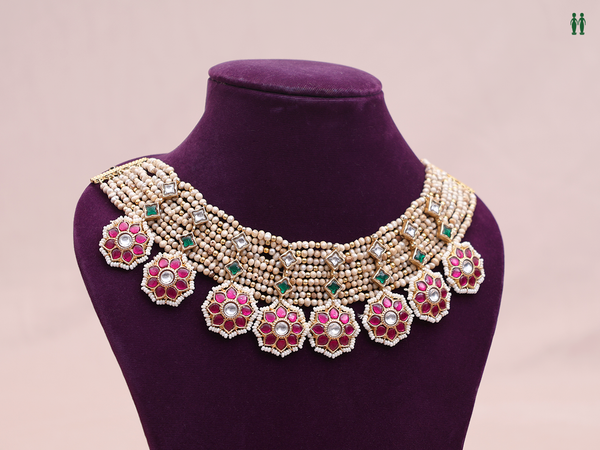 Floral Design With Beads Gold Plated Silver Choker