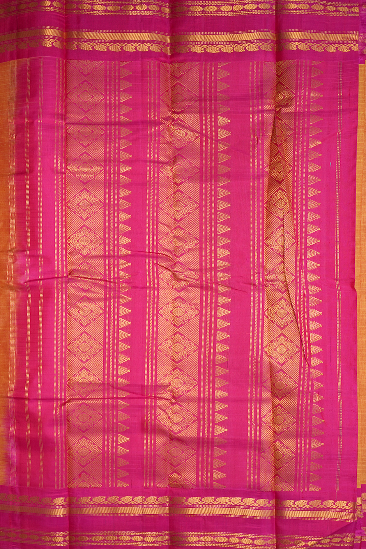 Contrast Silk Border Ochre Orange Gadwal Cotton Saree