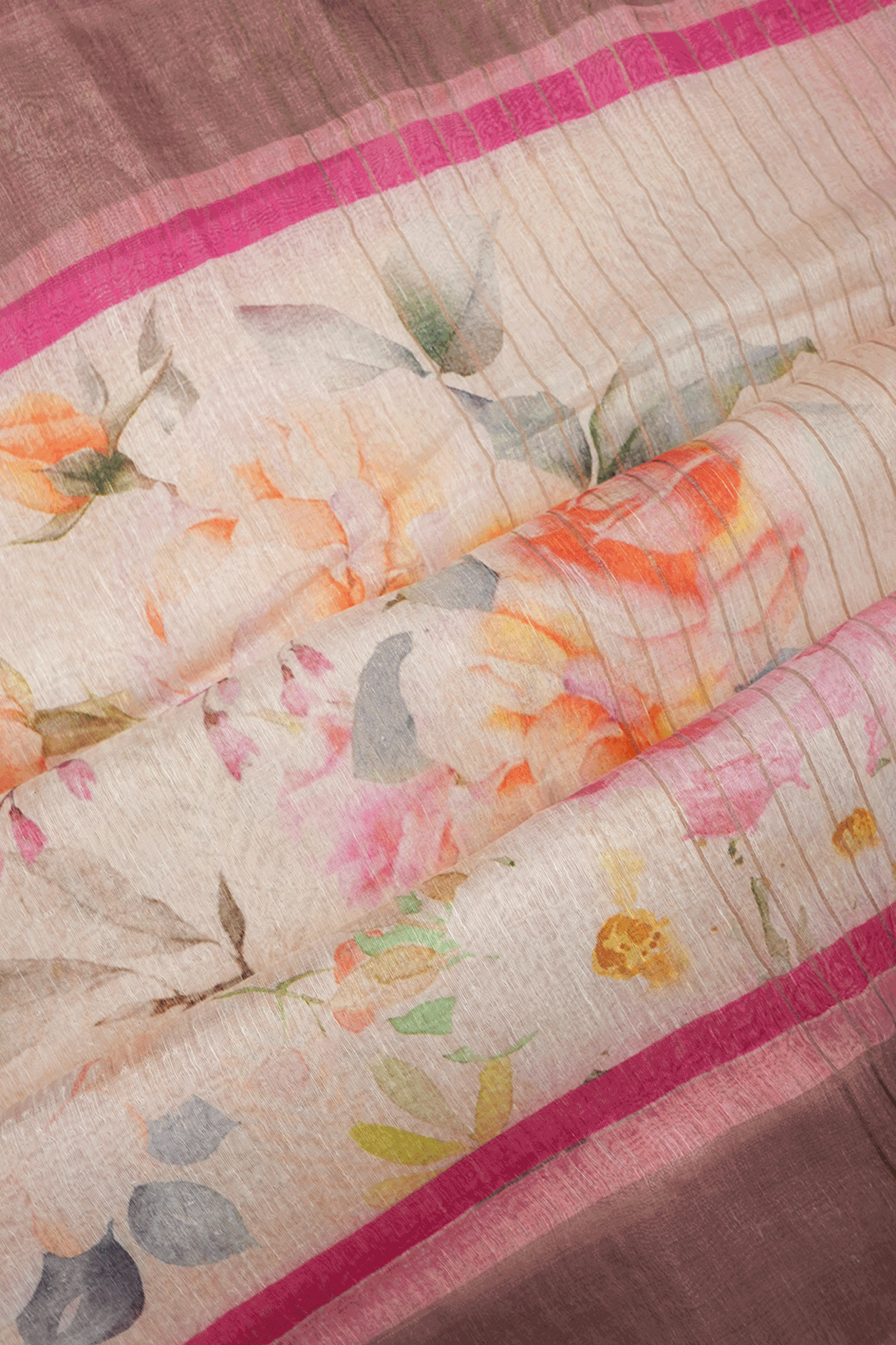 Floral Digital Printed Cream Pink Linen Saree