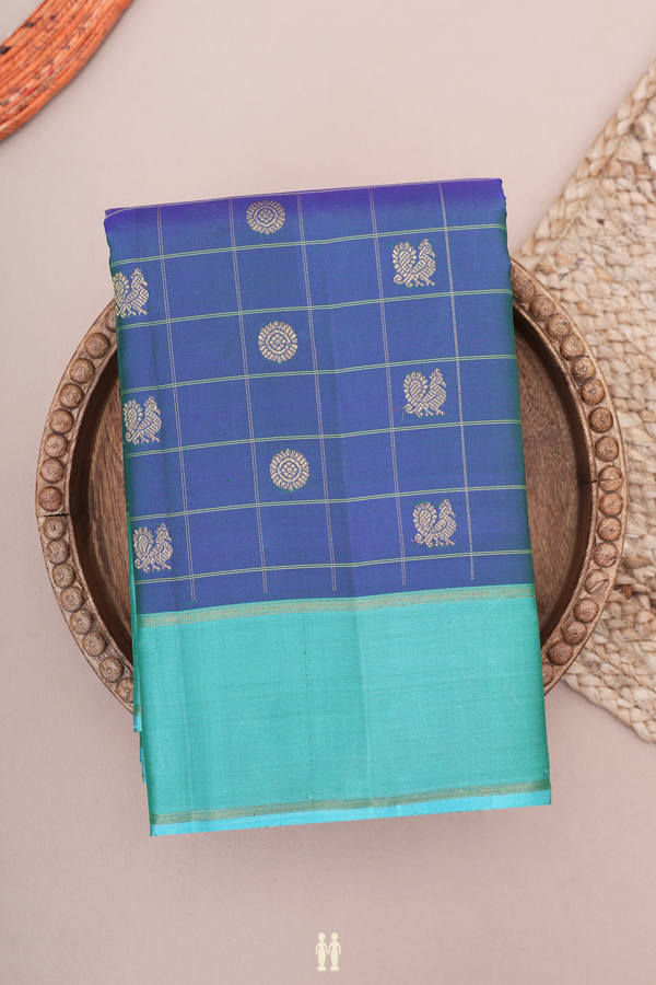 Kanchipuram Silk Saree Capri Blue Along Checks With Buttas