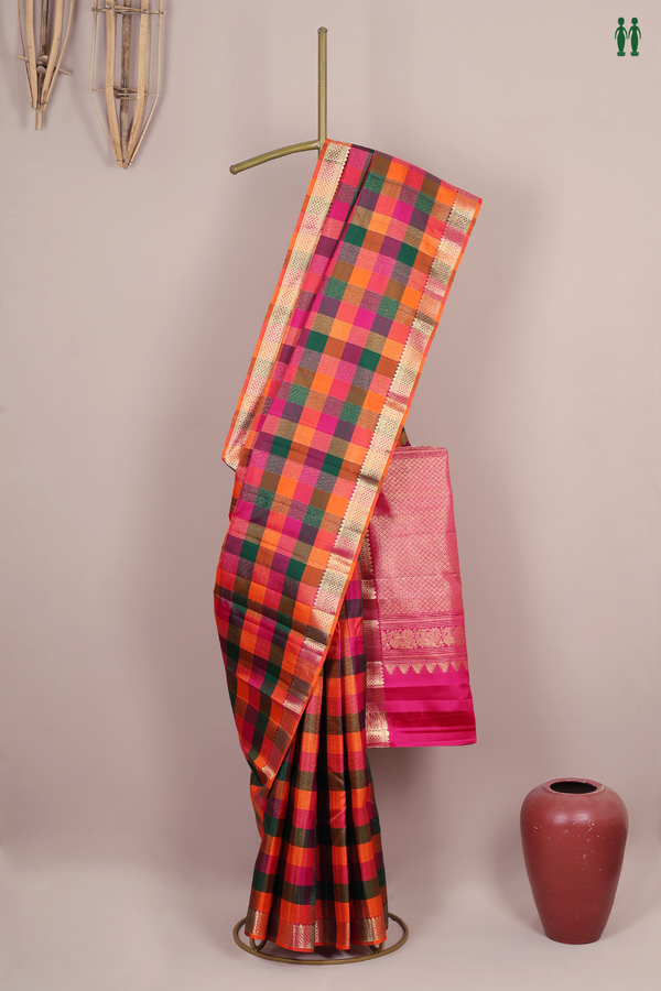 Kanchipuram Silk Saree In Multicolor With Checks Design