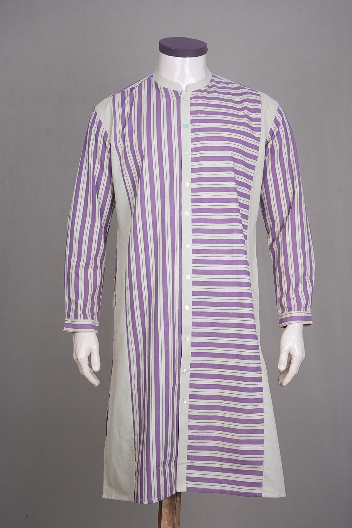 Stripes With Back Yoke Piping Beige Linen Cotton Long Kurta