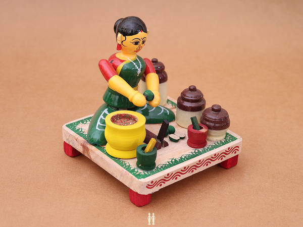 Wooden Handicraft Lady Making Pickle For Showpiece