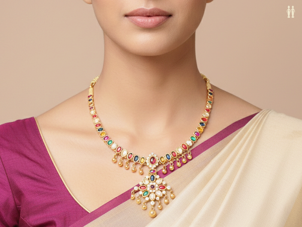 Multicolor Kemp Stone With Beads Gold Plated Silver Necklace