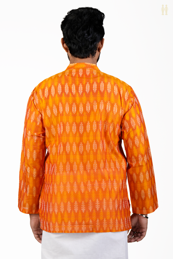 Chinese Collar Printed Design Orange Silk Cotton Short Kurta