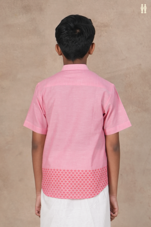 Chinese Collar Printed Deepam Border Pink Cotton Shirt