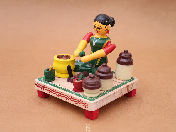 Wooden Handicraft Lady Making Pickle For Showpiece