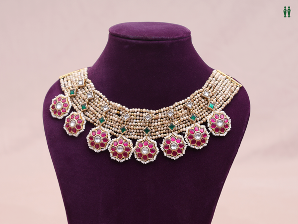 Floral Design With Beads Gold Plated Silver Choker