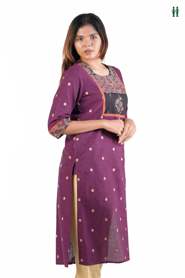 Round Neck Allover Buttas Purple Cotton Long Kurta