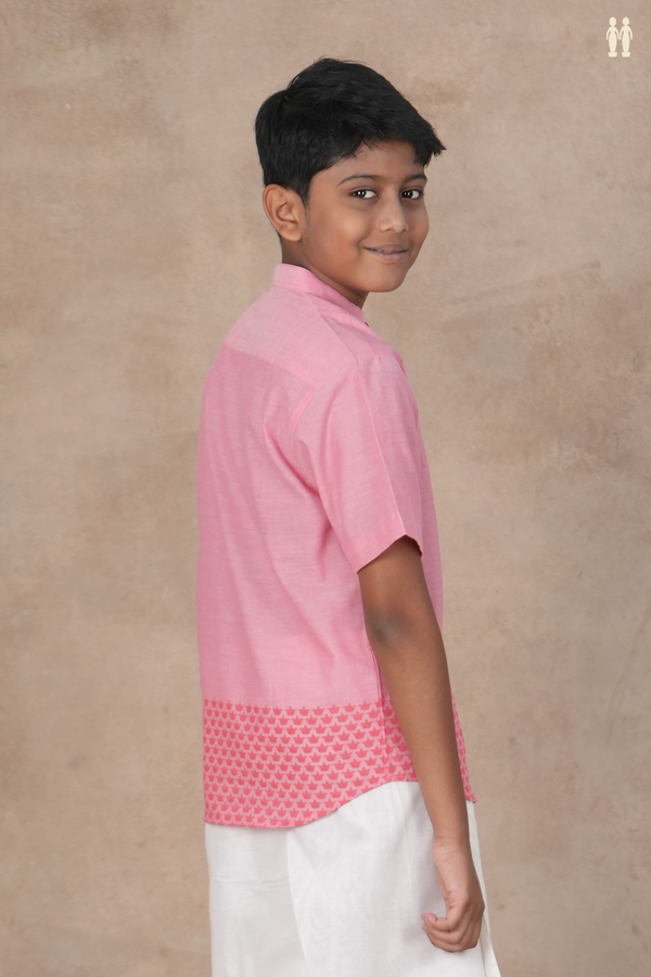 Chinese Collar Printed Deepam Border Pink Cotton Shirt