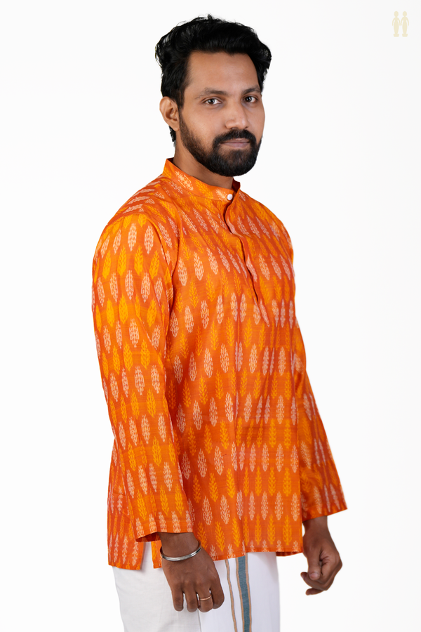 Chinese Collar Printed Design Orange Silk Cotton Short Kurta
