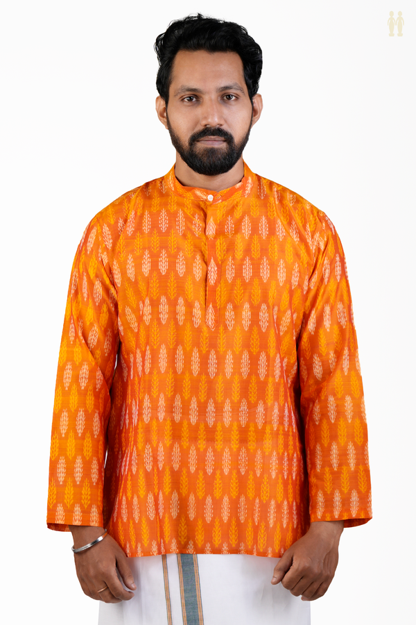 Chinese Collar Printed Design Orange Silk Cotton Short Kurta