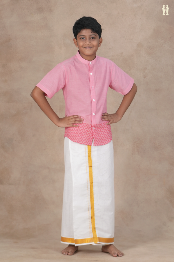 Chinese Collar Printed Deepam Border Pink Cotton Shirt