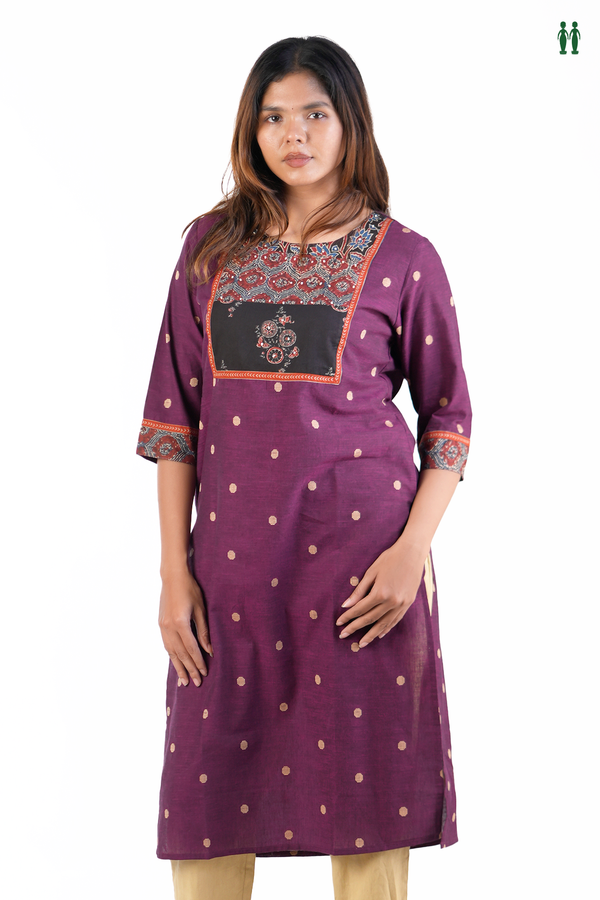 Round Neck Allover Buttas Purple Cotton Long Kurta