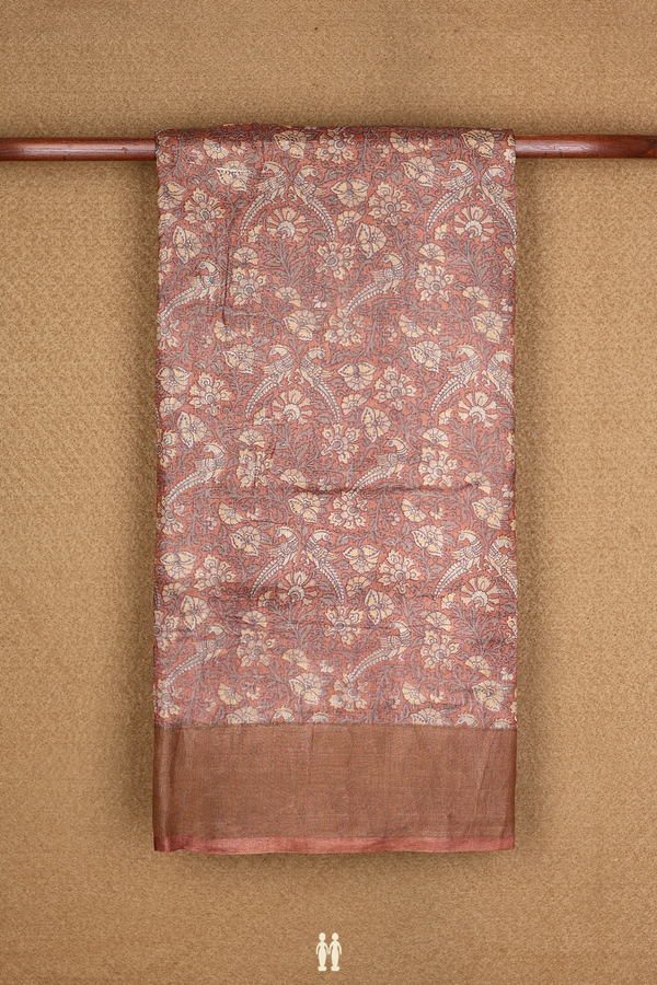 Tussar Silk Saree In Brick Brown Floral And Peacock Design