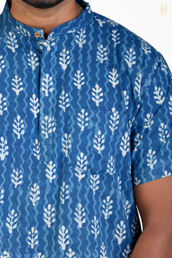 Chinese Collar Printed Design Blue Cotton Short Kurta