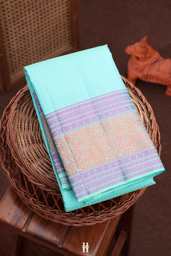 Kanchipuram Silk Saree In Mint Blue With Checks Design