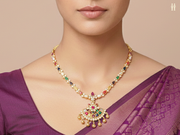 Floral Design Multicolor Stone Gold Plated Silver Necklace