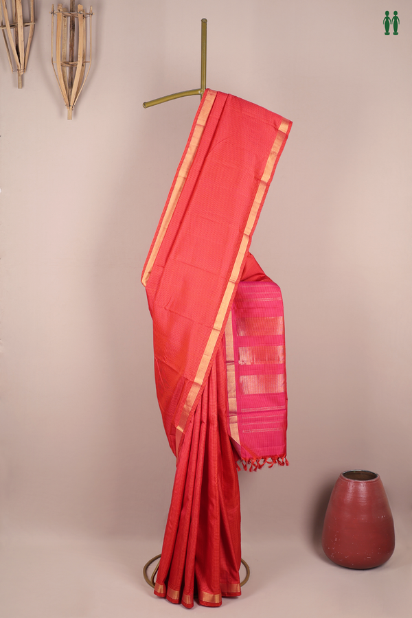 Kanchipuram Silk Saree Orange And Magenta With Checks Design