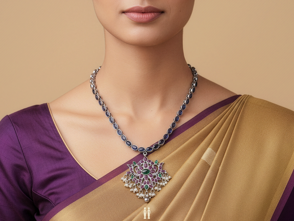 Floral Design With Kemp Stone Pure Silver Necklace