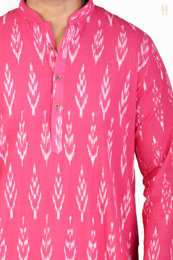 Chinese Collar Printed Design Rani Pink Cotton Long Kurta